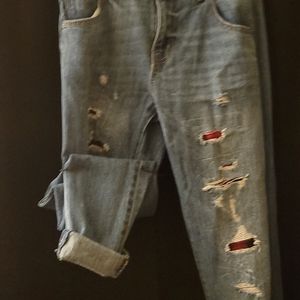 Flannel patched boyfriend jeans